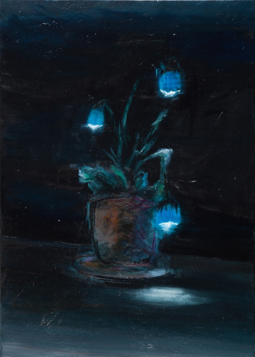 Gemälde von Michael Tauschke Blume Nr.2 Öl auf Leinwand;Öl auf Leinwand,70 x 50 cm,Blume, Blumentopf, Lampe, Blau, Licht, Lasur; 